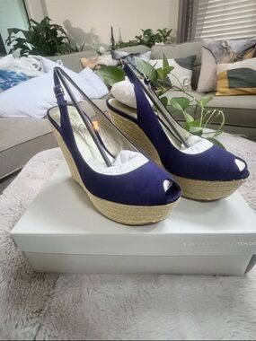 Jessica Simpson Navy Blue Espadrille Wedge Slingback Peep-Toe